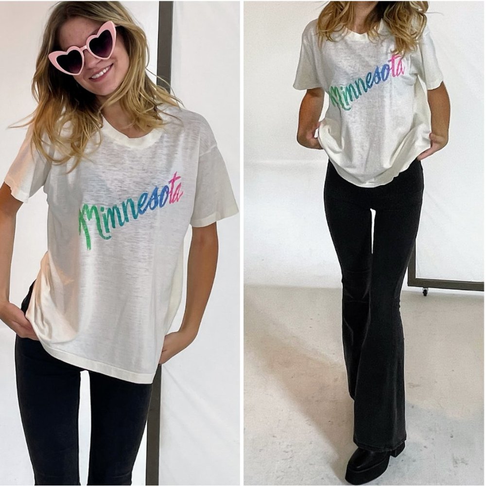 Vintage Single Stitch Faded White Sheer Tee with Rainbow Minnesota Screen Print